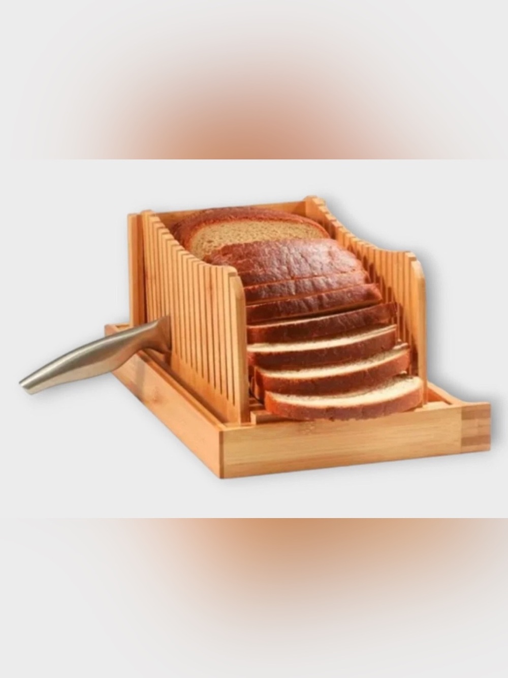 Bamboo Bread Slicer Foldable Adjustable Cutter with Stainless Knife Bambusi Open